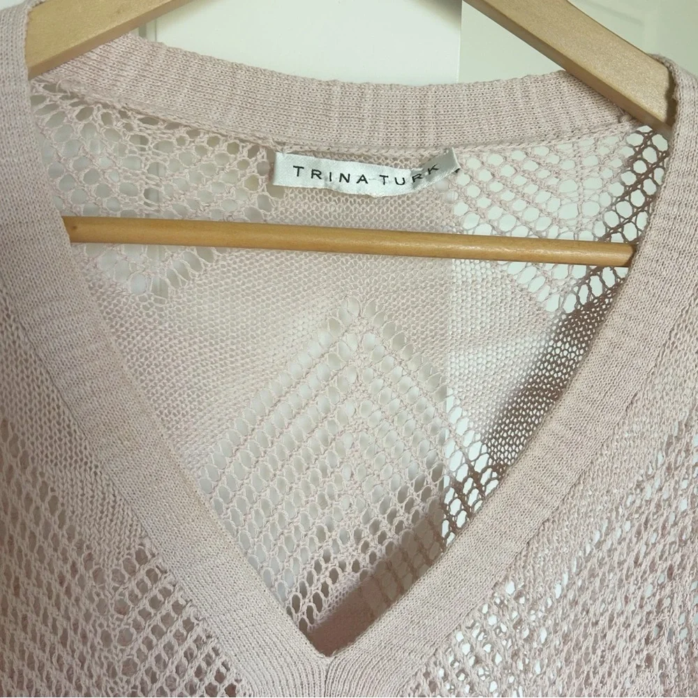 Trina Turk Crochet Open Knit Boxy Dolman Short Sleeve Soft Pink Sweater Size L